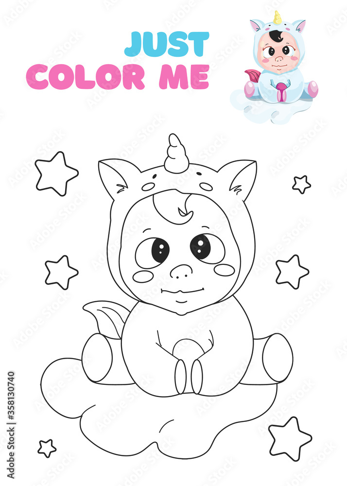 Cute fantasy coloring page with dreaming baby unicorn. Black and white cartoon vector illustration for coloring book, print or t-shirt design. Children, kids drawing template on white background