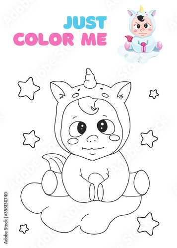 Cute fantasy coloring page with dreaming baby unicorn. Black and white cartoon vector illustration for coloring book, print or t-shirt design. Children, kids drawing template on white background