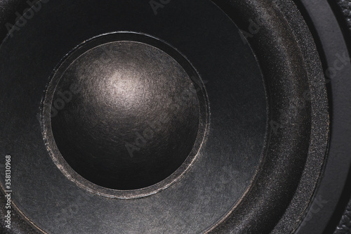 Close up details of black loudspeaker woofer