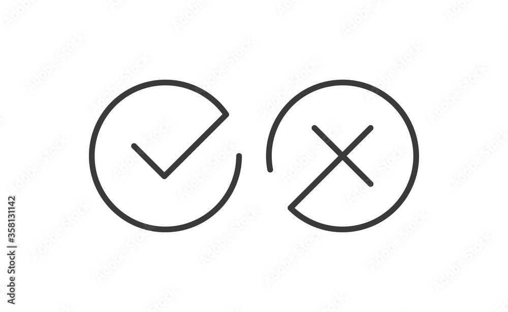 Check mark icons. Green tick symbol and red x sign in circle. Icons for evaluation quiz. Vector. Check mark icons. Green tick symbol and red x sign in circle. Icons for evaluation quiz. Vector.