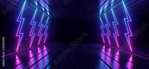 Retro Synth Laser Neon Modern Sci Fi Futuristic Thunder Bolts Purple Blue Glowing Lights Metallic Reflective Texture Concrete Floor Dark Warehouse Garage Underground Cyber Background 3D Rendering