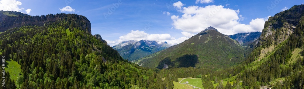 Aerial panoramic view of Cascade du Rouget (Rouget Waterfalls) in Sixt-fer-a-cheval in Haute-Savoie France