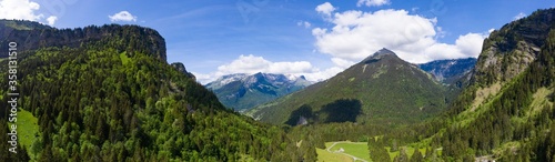 Aerial panoramic view of Cascade du Rouget (Rouget Waterfalls) in Sixt-fer-a-cheval in Haute-Savoie France © Samuel B.