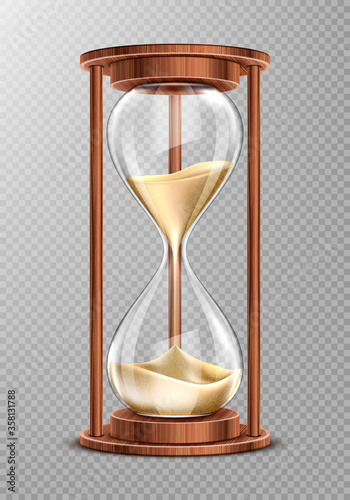 Wooden hourglass with falling sand isolated on transparent background. Ancient clock, symbol of patience and running time, retro glass watches with wood decoration, Realistic 3d vector illustration