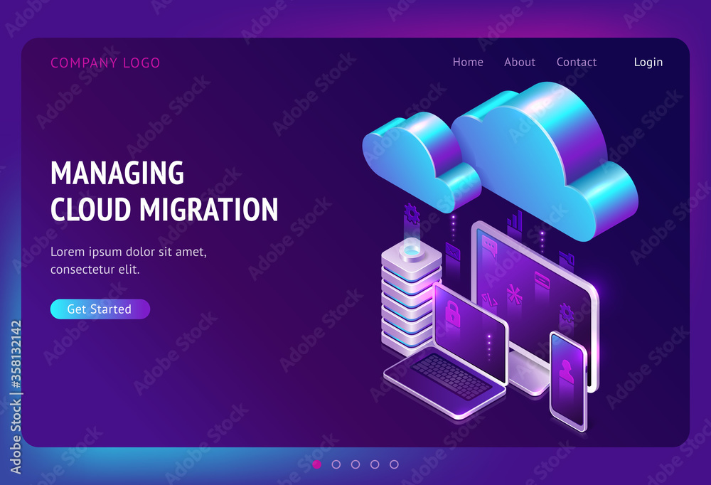 Digital data migration isometric landing page, cloud computing, media server, saas service for private information and files storage, gadgets connected in network system, web hosting 3d vector banner