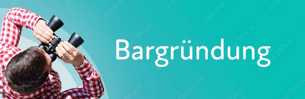 Naklejka premium Bargründung. Mann mit Fernglas aus Vogelperspektive. Beobachtung, Draufsicht, Panorama. Business Text auf blau. Statistik, Wirtschaft