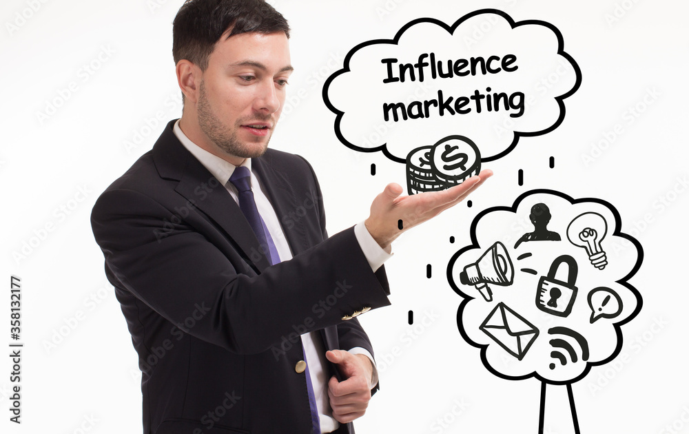 Business, technology, internet and network concept. Young businessman thinks over the steps for successful growth: Influence marketing Business, technology, internet and network concept. Young businessman thinks over the steps for successful growth: Influence marketing
