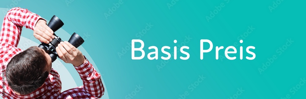 Fototapeta premium Basis Preis. Mann mit Fernglas aus Vogelperspektive. Beobachtung, Draufsicht, Panorama. Business Text auf blau. Statistik, Wirtschaft