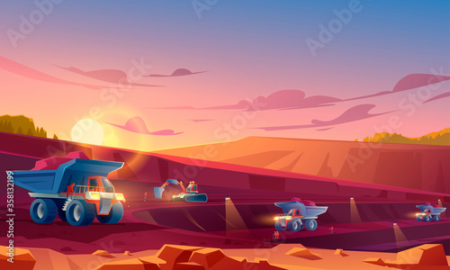 Quarry mining with miners, heavy industrial machinery and transport. Dump trucks carry coal or metal ore at opencast. Pit dawn landscape, mine production, stone quarrying. Cartoon vector illustration