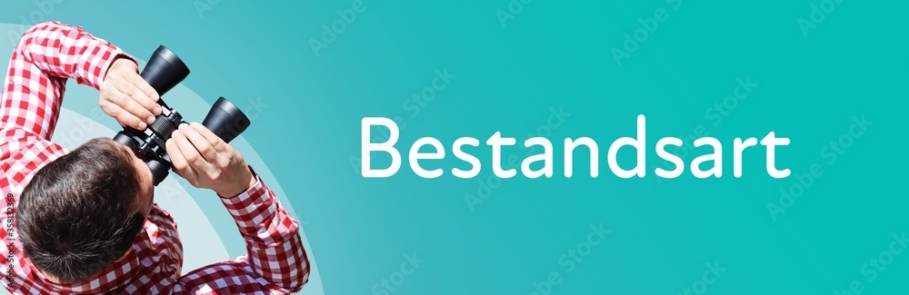 Naklejka premium Bestandsart. Mann mit Fernglas aus Vogelperspektive. Beobachtung, Draufsicht, Panorama. Business Text auf blau. Statistik, Wirtschaft