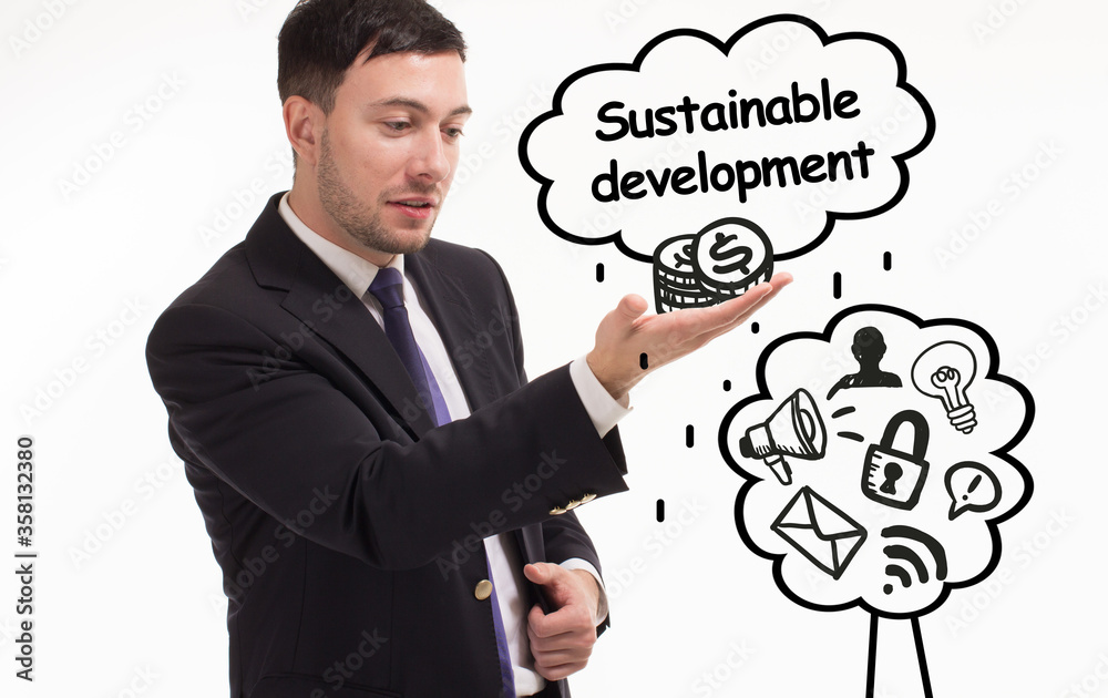 Business, technology, internet and network concept. Young businessman thinks over the steps for successful growth: Sustainable development Business, technology, internet and network concept. Young businessman thinks over the steps for successful growth: Sustainable development