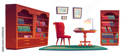 Library vip interior set with bookcases, chair, desk and lamp. Vector cartoon set of old luxury furniture in home library or office with wooden bookshelves, armchair, carpet and picture frames