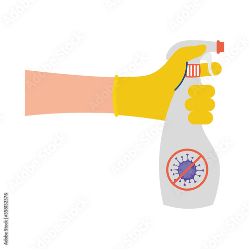 Hand holding spray bottle with covid 19 virus ban vector design