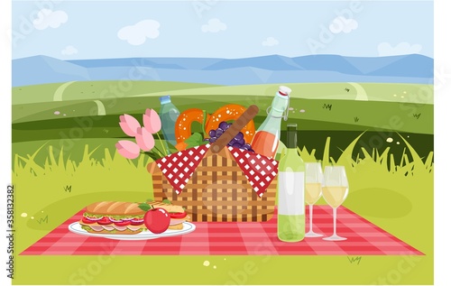 Picnic basket with food and drinks on landscape background. Summer vector illustration