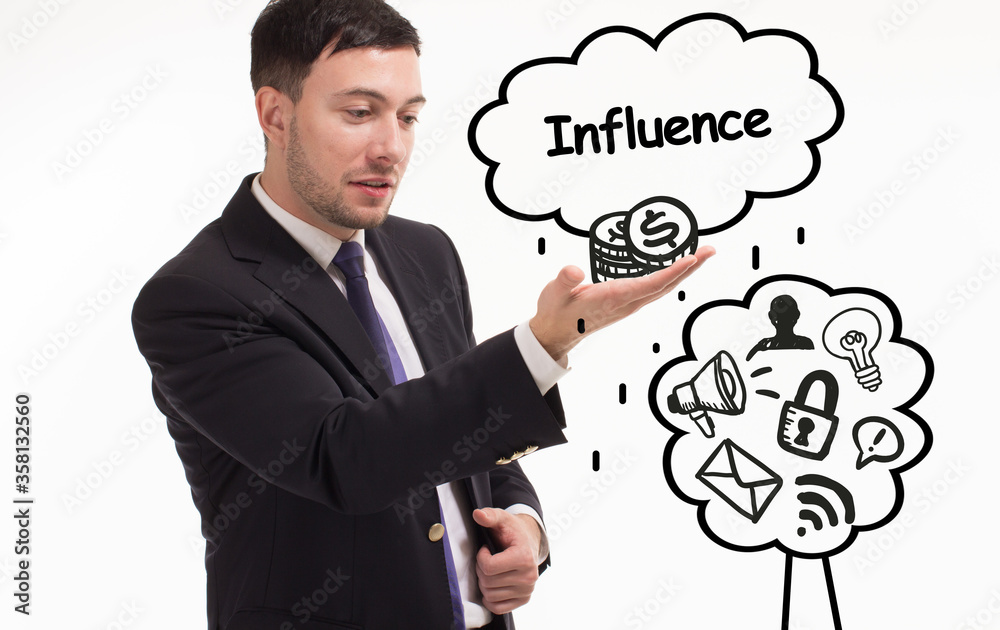 Business, technology, internet and network concept. Young businessman thinks over the steps for successful growth: Influence Business, technology, internet and network concept. Young businessman thinks over the steps for successful growth: Influence