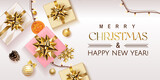 White Merry Christmas and Happy New Year Holiday soft poster illustration with realistic vector 3d objects, Christmas tree, pink and gold gift box with gold bow and Christmas bulb garland banner