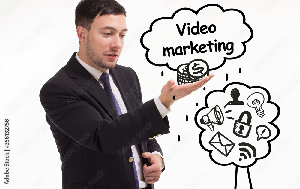 Business, technology, internet and network concept. Young businessman thinks over the steps for successful growth: Video marketing Business, technology, internet and network concept. Young businessman thinks over the steps for successful growth: Video marketing
