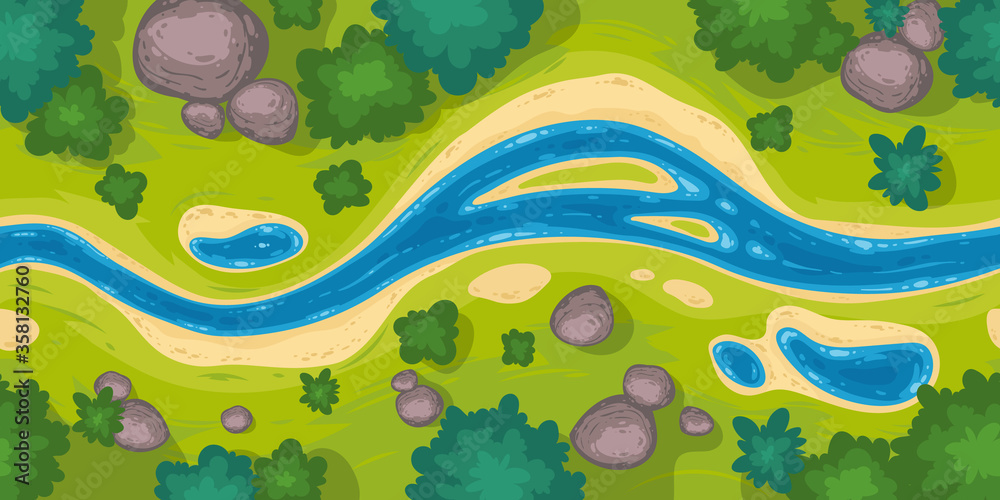 Flowing river top view. Vector seamless border with nature landscape with blue water stream, green grass, trees and rocks. Illustration of summer scene with brook flow with sand shore