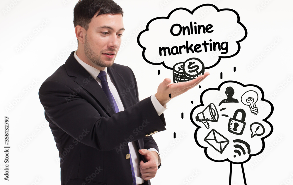 Business, technology, internet and network concept. Young businessman thinks over the steps for successful growth: Online marketing Business, technology, internet and network concept. Young businessman thinks over the steps for successful growth: Online marketing
