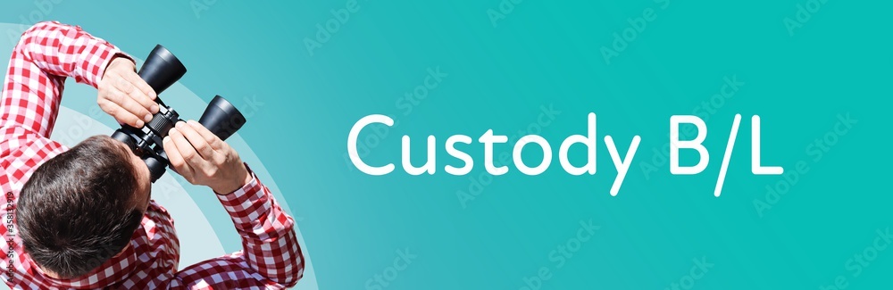 Fototapeta premium Custody B/L. Mann mit Fernglas aus Vogelperspektive. Beobachtung, Draufsicht, Panorama. Business Text auf blau. Statistik, Wirtschaft