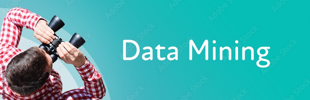 Naklejka premium Data Mining. Mann mit Fernglas aus Vogelperspektive. Beobachtung, Draufsicht, Panorama. Business Text auf blau. Statistik, Wirtschaft