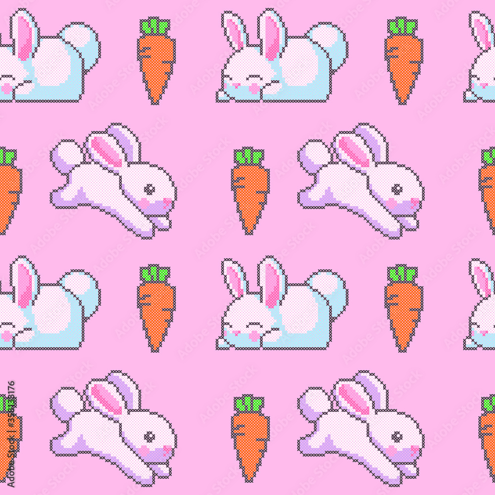 seamless pattern with cross stitch rabbits