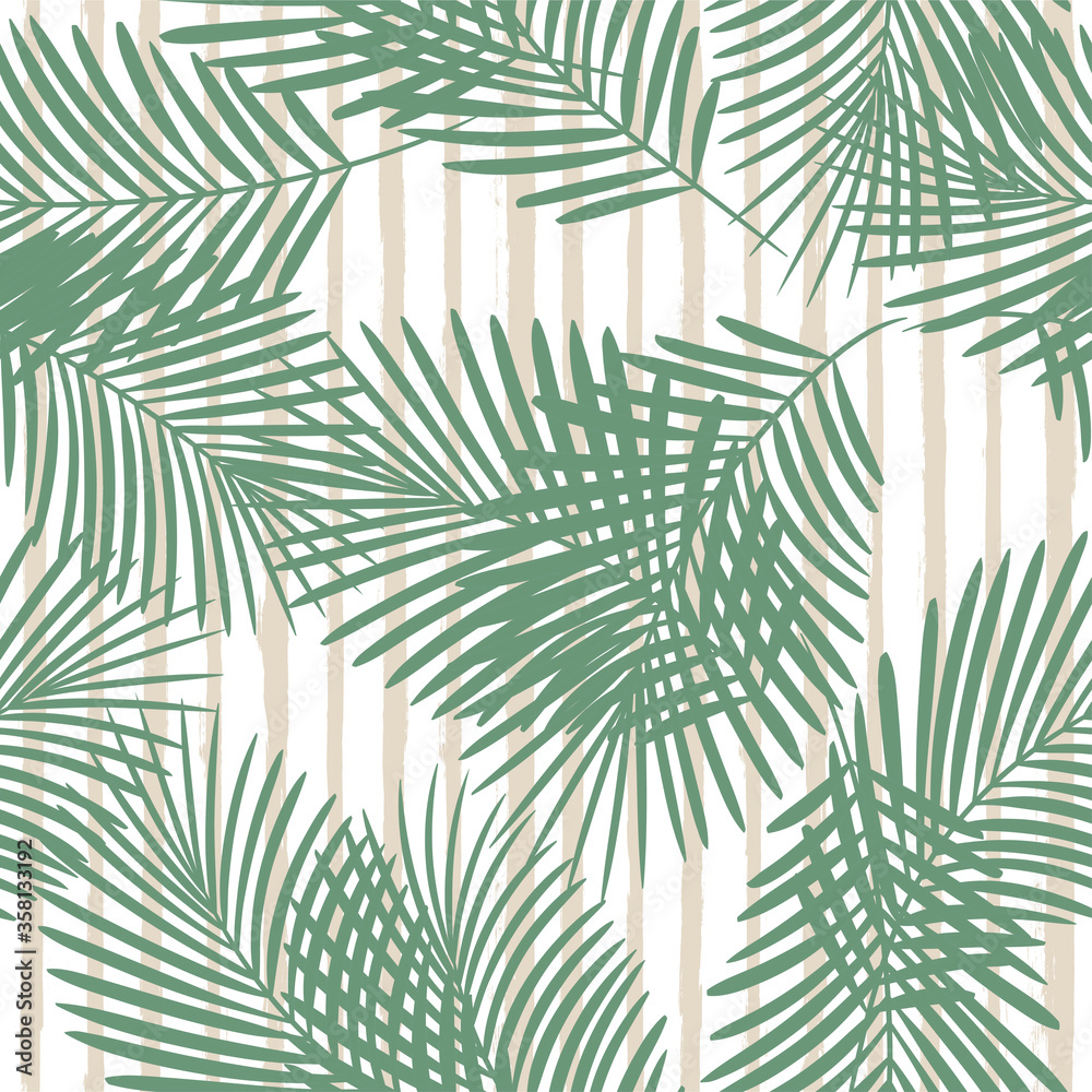 Tropical pattern, palm leaves seamless vector floral background. Exotic plant on sea stripes print illustration. Summer blue jungle print. Leaves of palm tree on paint lines.