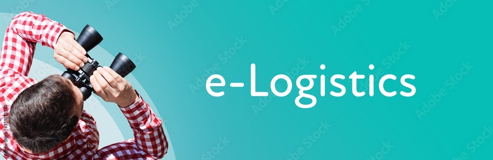 Fototapeta premium e-Logistics. Mann mit Fernglas aus Vogelperspektive. Beobachtung, Draufsicht, Panorama. Business Text auf blau. Statistik, Wirtschaft