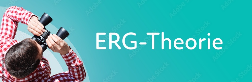 Fototapeta premium ERG-Theorie. Mann mit Fernglas aus Vogelperspektive. Beobachtung, Draufsicht, Panorama. Business Text auf blau. Statistik, Wirtschaft