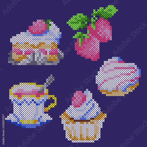 vector illustration of cross stitch strawberry sweets