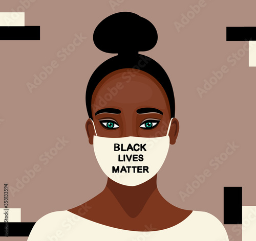 African pretty girl. Vector Illustration of Black Woman. she wear medical mask with the inscription" Black lives matter " Feminism concept. Sticker, patch, poster design.