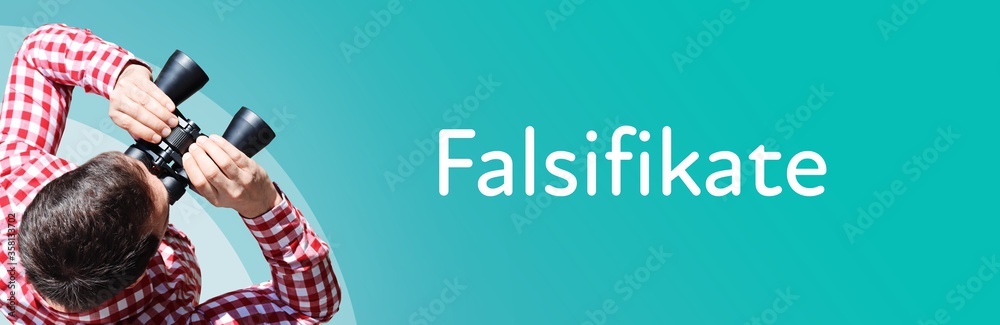 Naklejka premium Falsifikate. Mann mit Fernglas aus Vogelperspektive. Beobachtung, Draufsicht, Panorama. Business Text auf blau. Statistik, Wirtschaft