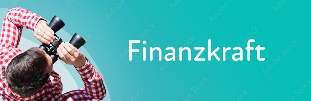 Naklejka premium Finanzkraft. Mann mit Fernglas aus Vogelperspektive. Beobachtung, Draufsicht, Panorama. Business Text auf blau. Statistik, Wirtschaft