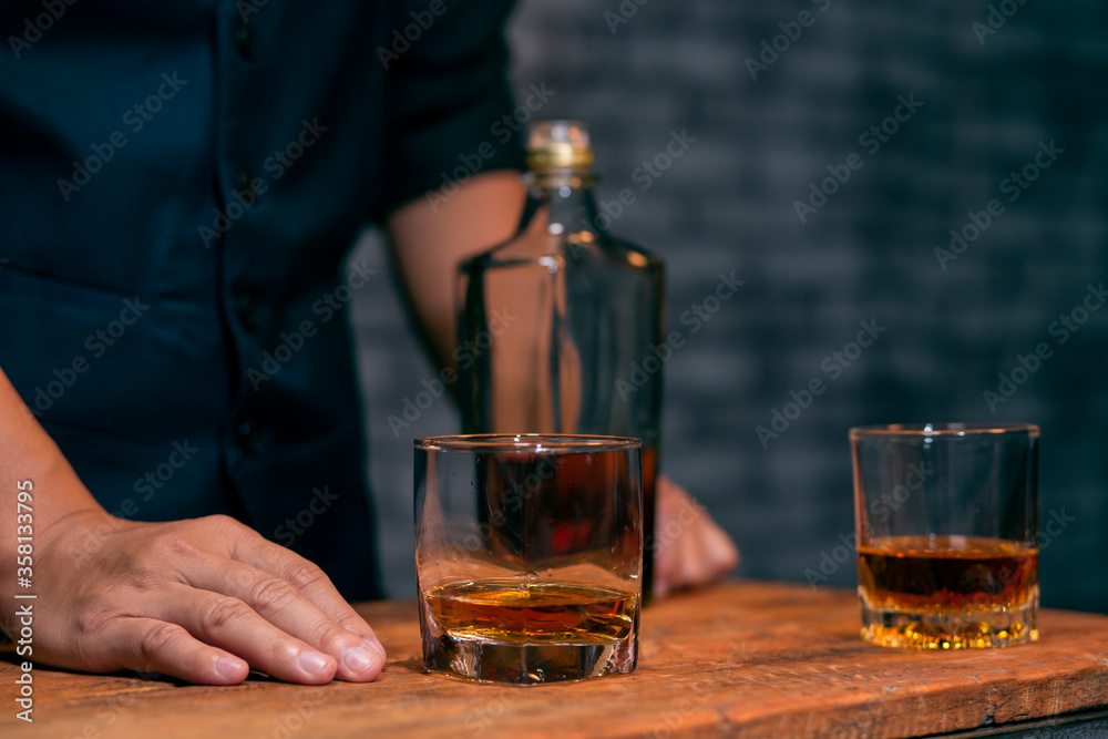Barman pouring whiskey whiskey glass beautiful night Barman pouring whiskey whiskey glass beautiful night