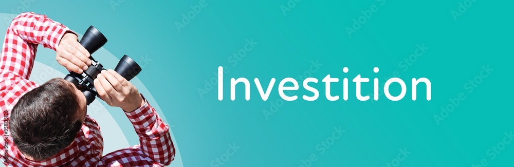Naklejka premium Investition. Mann mit Fernglas aus Vogelperspektive. Beobachtung, Draufsicht, Panorama. Business Text auf blau. Statistik, Wirtschaft