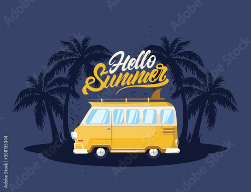 Summer retro van with palm tree and surf. Illustration for t-shirt print. Vector fashion illustration 