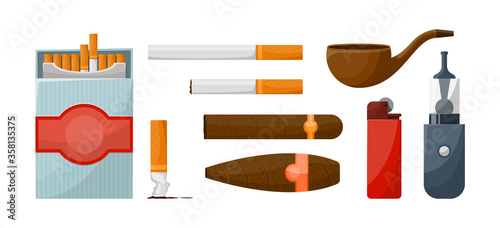 Cigarettes and various accessories for smokers set. Devices. Vector illustration 