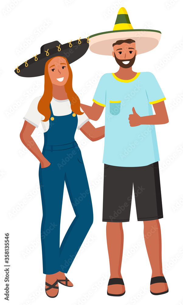 Smiling man hugging woman, people wearing national mexican accessory sombrero. People ethnicity, male and female in casual clothes, cowboy vector Smiling man hugging woman, people wearing national mexican accessory sombrero. People ethnicity, male and female in casual clothes, cowboy vector