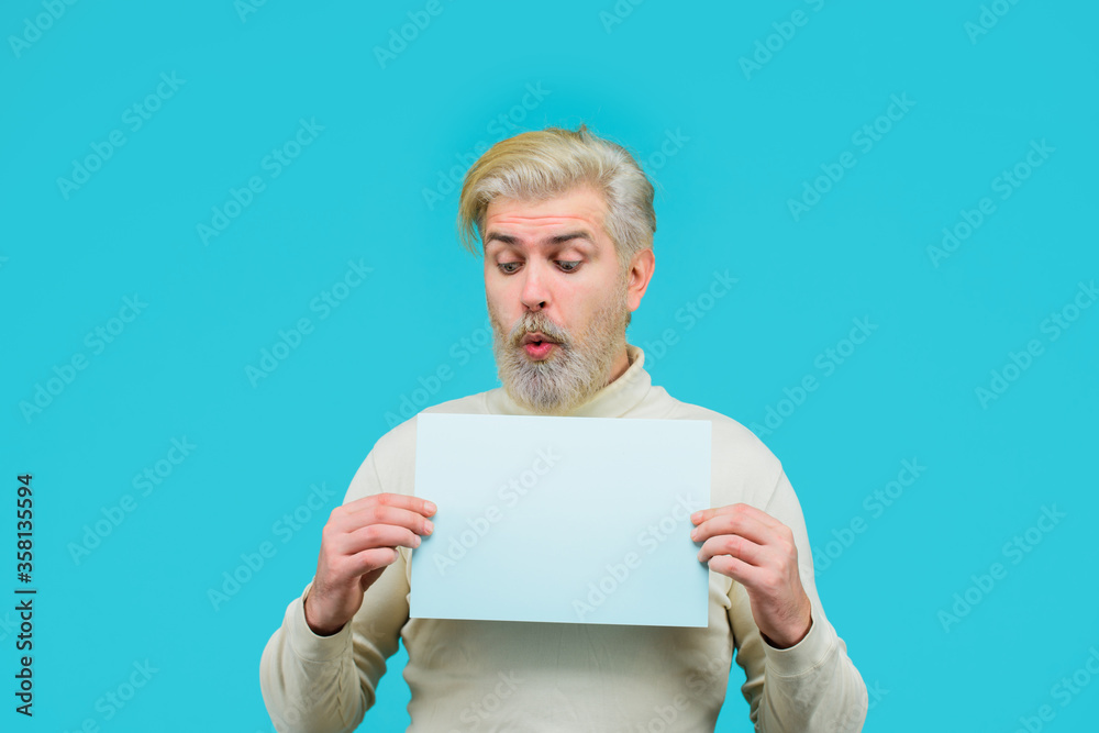 Copy space for text. Insert your text. Sale. Discount. Advertising banner. Man with blank board. Man holds empty board. Surprised man holds empty board. Advertising board. Copy space for text. Insert your text. Sale. Discount. Advertising banner. Man with blank board. Man holds empty board. Surprised man holds empty board. Advertising board.