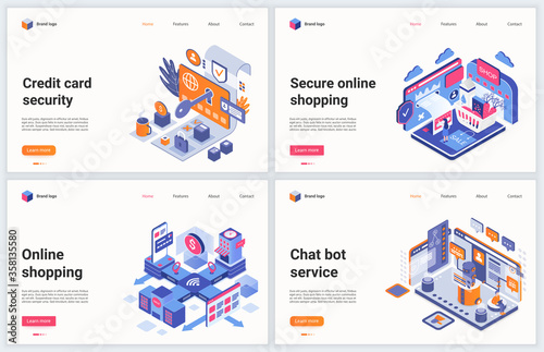 Isometric online shopping technology vector illustration. Creative concept banner set, interface webpage design with cartoon 3d modern security customers service and chat support for online shops