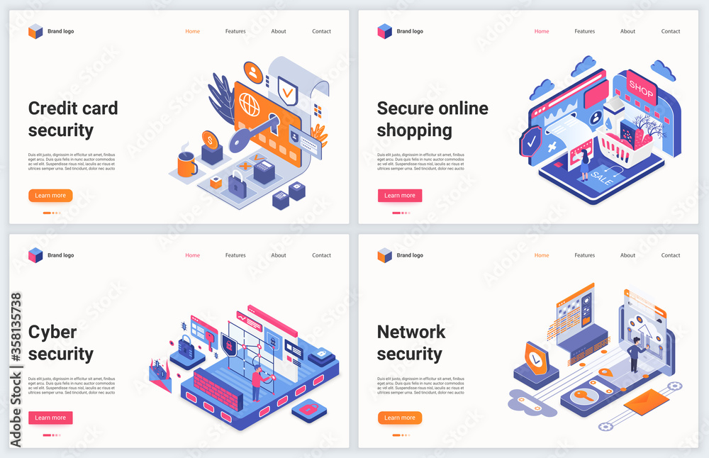 Isometric cyber security technology vector illustration. Creative concept banner set, website design with cartoon 3d cyber service for data protection, safety of confidential credit card information