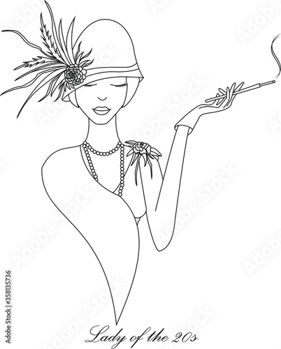 Silhouette of a beautiful woman in vintage clothing of the 1920s. Retro fashion vector illustration. Black line isolated on white background.