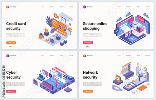 Isometric cyber security technology vector illustration. Creative concept banner set, website design with cartoon 3d cyber service for data protection, safety of confidential credit card information