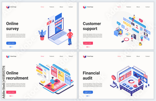 Isometric business recruiting technology vector illustration. Creative concept banner set, website design with cartoon 3d online hr recruitment service, financial account audit and customer support