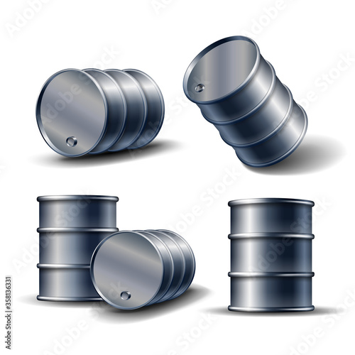 Set of Black metal oil barrel in different position isolated on white