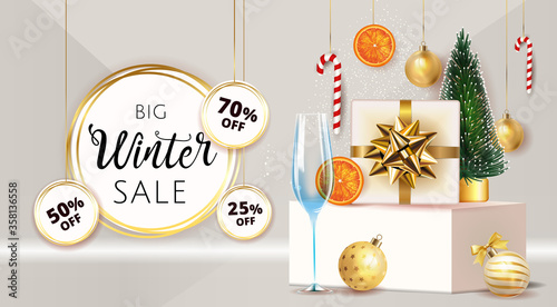 Golden Christmas holiday winter sale price off tag poster beige. Festive Xmas decoration gold Christmas balls , fir tree, orange, champagne glass. Vector illustration banner design template EPS.