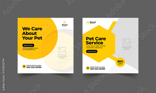 Pet care social media post or web banner template. Pet care service promotional banner. Pet shop bundle stories