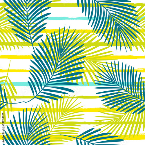 Tropical pattern, summer palm leaves seamless vector floral background. Exotic plant on stripes. spring nature jungle print. Leaves of palm tree on paint lines.
