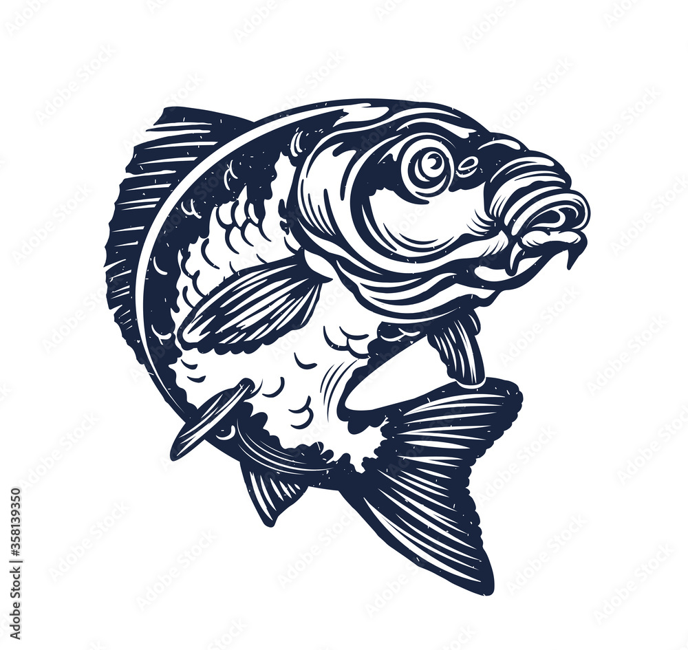 Vintage Carp Fishing Logo. Black and white. Vector Illustration