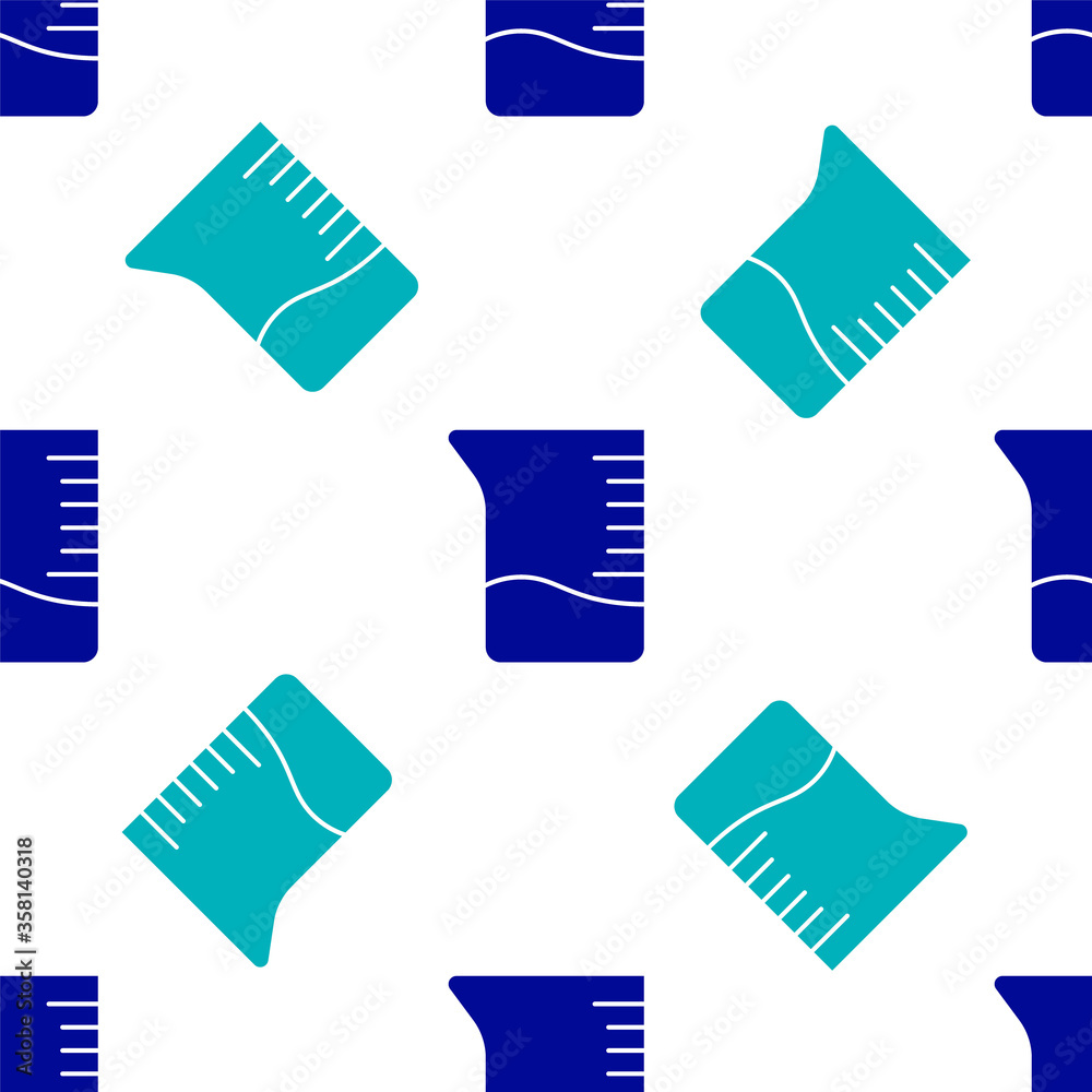 Blue Measuring cup icon isolated seamless pattern on white background. Plastic graduated beaker with handle. Vector Illustration Blue Measuring cup icon isolated seamless pattern on white background. Plastic graduated beaker with handle. Vector Illustration